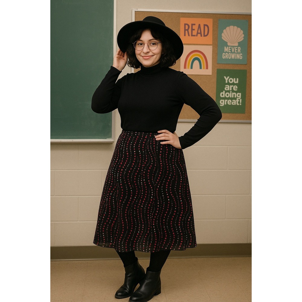 Whimsigoth Office Teacher‎ Artsy Flowy Black Pink White Polka Dot Midi 14W Skirt